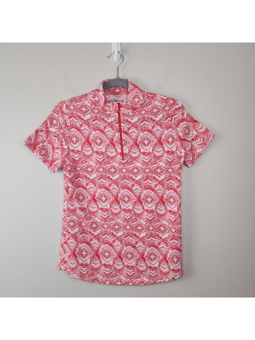 IBKUL short sleeve shirt quarter-zip mock neck sz S Red white Venetian Tiles